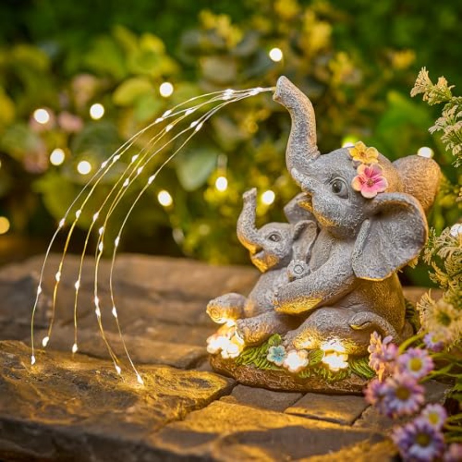 Outdoor Lighting Patio - Solar-Elefanten-Gartendekoration-Statue mit Sukkulente und LED-Beleuchtung, Wasserdichte
