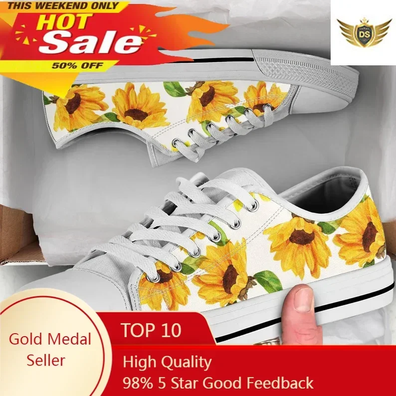 Outdoor Lighting Round - Klassische gelbe Blumen-Sonnenblumen-Druck-Leinwandschuhe für Damen, tägliche